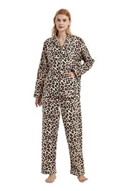 GLOBAL Schlafanzüge Damen Flanell | Baumwolle Damen Pyjama Set | Zweiteiliger Nachtwäsche Damen Pjs Set Lang | Knopfleiste vorne und Kordelzug |Brauner Leopard L von GLOBAL