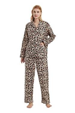 GLOBAL Schlafanzüge Damen Flanell | Baumwolle Damen Pyjama Set | Zweiteiliger Nachtwäsche Damen Pjs Set Lang | Knopfleiste vorne und Kordelzug |Brauner Leopard XXL von GLOBAL