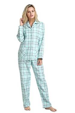 GLOBAL Schlafanzüge Damen Flanell | Baumwolle Damen Pyjama Set | Zweiteiliger Nachtwäsche Damen Pjs Set Lang | Knopfleiste vorne und Kordelzug | Grünes Plaid XL von GLOBAL