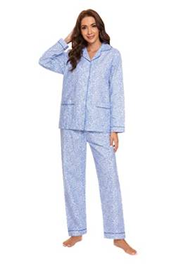 GLOBAL Schlafanzüge Damen Flanell | Baumwolle Damen Pyjama Set | Zweiteiliger Nachtwäsche Damen Pjs Set Lang | Knopfleiste vorne und Kordelzug |Kleine Blaue Blüten XL von GLOBAL