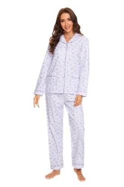 GLOBAL Schlafanzüge Damen Flanell | Baumwolle Damen Pyjama Set | Zweiteiliger Nachtwäsche Damen Pjs Set Lang | Knopfleiste vorne und Kordelzug |Lila süße Blumen M von GLOBAL