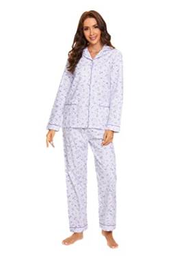 GLOBAL Schlafanzüge Damen Flanell | Baumwolle Damen Pyjama Set | Zweiteiliger Nachtwäsche Damen Pjs Set Lang | Knopfleiste vorne und Kordelzug |Lila süße Blumen XL von GLOBAL