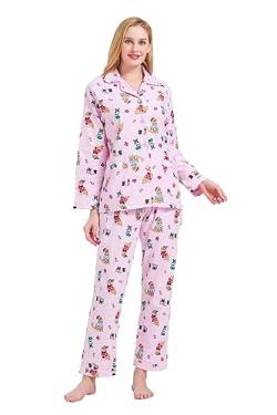 GLOBAL Schlafanzüge Damen Flanell | Baumwolle Damen Pyjama Set | Zweiteiliger Nachtwäsche Damen Pjs Set Lang | Knopfleiste vorne und Kordelzug | Rosa, Haustie Hund L von GLOBAL