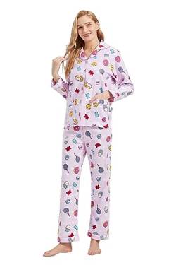 GLOBAL Schlafanzüge Damen Flanell | Baumwolle Damen Pyjama Set | Zweiteiliger Nachtwäsche Damen Pjs Set Lang | Knopfleiste vorne und Kordelzug | Rosa, Nachtisch 3XL von GLOBAL