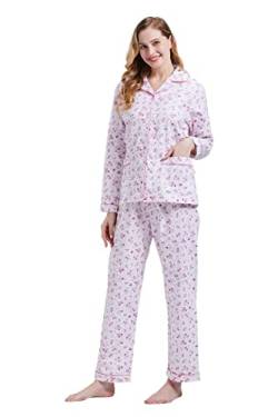 GLOBAL Schlafanzüge Damen Flanell | Baumwolle Damen Pyjama Set | Zweiteiliger Nachtwäsche Damen Pjs Set Lang | Knopfleiste vorne und Kordelzug |Rosa Blume der Fantasie M von GLOBAL