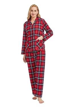 GLOBAL Schlafanzüge Damen Flanell | Baumwolle Damen Pyjama Set | Zweiteiliger Nachtwäsche Damen Pjs Set Lang | Knopfleiste vorne und Kordelzug | Rot/Blau/Weiß,Kariert XL von GLOBAL