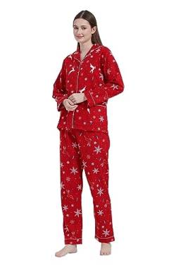 GLOBAL Schlafanzüge Damen Flanell | Baumwolle Damen Pyjama Set | Zweiteiliger Nachtwäsche Damen Pjs Set Lang | Knopfleiste vorne und Kordelzug | Rot,Rentie L von GLOBAL