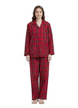 GLOBAL Schlafanzüge Damen Flanell | Baumwolle Damen Pyjama Set | Zweiteiliger Nachtwäsche Damen Pjs Set Lang | Knopfleiste vorne und Kordelzug | Rot/Weiß/Schwarz, Kariert S von GLOBAL