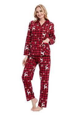 GLOBAL Schlafanzüge Damen Flanell | Baumwolle Damen Pyjama Set | Zweiteiliger Nachtwäsche Damen Pjs Set Lang | Knopfleiste vorne und Kordelzug |Weihnachts Rotes Plaid M von GLOBAL