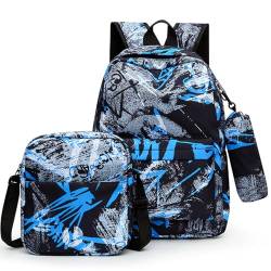 GLOOMALL Graffiti-Rucksäcke für Jungen, Schulbüchertaschen-Set, 3-teilig, große Kapazität, lässige Reisetasche, Blau, Medium von GLOOMALL