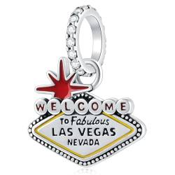 Willkommen bei Las Vegas Charms, 925 Sterling Silber Amerika Nevada Anhänger Perle passend für Pandora Herz Armband, Reisen Wahrzeichen Charm Geschenke für Urlaub/Geburtstag/Abschluss von GLOWDAS