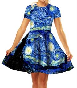 GLUDEAR Damen 3D Druck Kurzarm Einzigartig Casual Ausgestellt Midi Kleid, Van Gogh, S/M von GLUDEAR