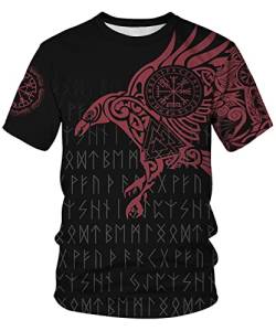 GLUDEAR Herren Vikings T Shirt Tops Neuheit 3D Druck Norse Mythologie Pullover Tee, Odins Roter Rabe, XX-Large von GLUDEAR