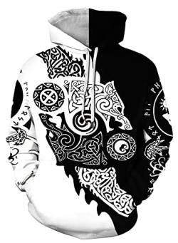 GLUDEAR Herren Vikings Tattoo Norse Mythologie Grafik 3D Druck Hoodie Pullover Sweatshirt Hoodies, Fenrir Wolf Schwarz Weiß, Large von GLUDEAR