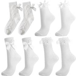 GMXJGZ 4 Paar Socken mit Rüschen Damen Söckchen mit Rüschen Rüschen Socken Damen Spitzen-Schleifensocken Atmungsaktive Baumwoll Söckchen Baumwollsocken für Damen und Mädchen (Weiß) von GMXJGZ