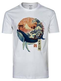 Japanische Art Kanagawa Walfisch &Mt. Fuji & Tempel Torii und Landschaften Grafik Prämie 100% Baumwolle Drucken Kurzarm Herren Damen T-Shirt（Weiß-Walfisch,L von GMYG