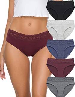 GNEPH Unterwäsche für Damen, Spitzen-Bikini-Hipster-Höschen aus Baumwolle, 5er-Pack (218M-Dark-WR) von GNEPH