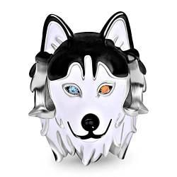 GNOCE 925 Sterling Silver Heterochromie Husky Hund Charm Perle Hund Anhänger mit Zweifarbige Augen Passt Alle Kette Bestes Geschenk für Familie und Freunde von GNOCE