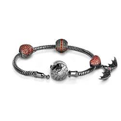 GNOCE Charms Armband Sterling Silber Schwarz überzogene Schlangenkette Basic Charm Armband mit drei einzigartigen schwarzen Schädel Charm Perlen Halloween Schmuck Armreif mit Verschluss (19) von GNOCE