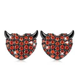 GNOCE Devil's Heart Ohrstecker 925 Sterling Silber Schwarz überzogene Teufelsherz Mode Ohrringe mit roten Steinen Halloween Geschenk für Frauen Mädchen Tochter von GNOCE