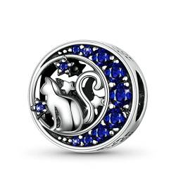 GNOCE Katze auf dem Mond Charm Bead Sterling Silber mit Blauer Zirkon Fit Armband/Halskette Geschenk für Frauen Mädchen Tochter von GNOCE