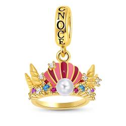 GNOCE Muschel Krone Charms Anhänger Sterling Silber 18 Karat vergoldet Dangle Charms eingelegt mit Perle Fit Armband/Halskette Geschenk für Frauen Mädchen von GNOCE