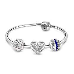 Gnoce Basic Charm Armreif Armband mit Verschluss Von Herzen Modisches blaues Herz Charm Armband 925 Sterling Silber Weiß Blau Saphir für Tochter Mädchen und Frauen (Silber, 18) von GNOCE