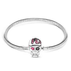 Gnoce Damen Charm Armband mit "Eleganter Schädel" Schließe 925 Sterlingsilber Schlangenkette für Damen Herren (18, 1Schädel) von GNOCE