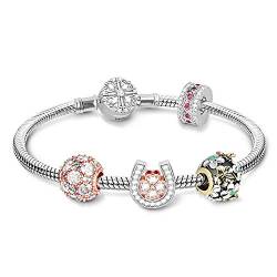 Gnoce Damen Sterling Silber Shining Vierblättriges Kleeblatt Charm Armband Mit Drei Perlen Charm und einer Herz Stopper Armband Set Geschenk für Mädchen/Frauen (Silber, 17) von GNOCE