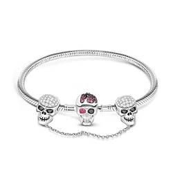 Gnoce Schädel Charm Armband Mit Sicherheitskette 925 Sterlingsilber "Nur die Liebe bleibt am Leben" Schlangenkette Bettelarmband für Damen Herren (21) von GNOCE