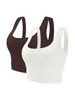 GNOWANN Sport BH Damen Mittlerer Stark Halt Bustier Damen Gepolstert Ohne Bügel Tank Top Ribbed Top Damen Push Up für Yoga Fitness Joggen, Haut Weiß+Braun, S von GNOWANN