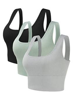 GNOWANN Sport BH Damen Mittlerer Stark Halt Bustier Damen Gepolstert Ohne Bügel Tank Top Ribbed Top Damen Push Up für Yoga Fitness Joggen, Schwarz+Grau+Grün, M von GNOWANN