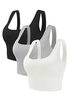 GNOWANN Sport BH Damen Mittlerer Stark Halt Bustier Damen Gepolstert Ohne Bügel Tank Top Ribbed Top Damen Push Up für Yoga Fitness Joggen, Schwarz+Grau+Haut Weiß, S von GNOWANN