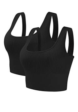 GNOWANN Sport BH Damen Mittlerer Stark Halt Bustier Damen Gepolstert Ohne Bügel Tank Top Ribbed Top Damen Push Up für Yoga Fitness Joggen, Schwarz+Schwarz, S von GNOWANN