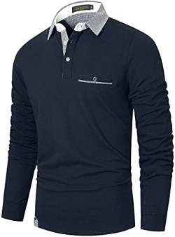 GNRSPTY Herren Poloshirt Langarm Polohemd Slim Fit Klassische Karierte Spleiß Baumwolle Golf T-Shirt,Blau 3,XXL von GNRSPTY