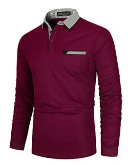 GNRSPTY Poloshirt Herren Langarm Basic Denim Nähen Casual Baumwolle Golf Tennis Poloshirts,Rot 1,3XL von GNRSPTY