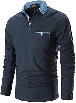GNRSPTY Poloshirt Herren Langarmshirt Basic Polohemd Denim Nähen Casual Baumwolle Golf Tennis T-Shirt,Blau,XL von GNRSPTY