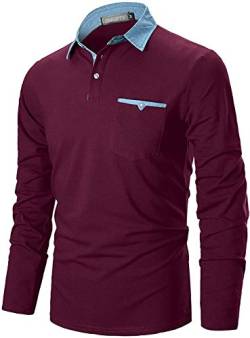GNRSPTY Poloshirt Herren Langarmshirt Basic Polohemd Denim Nähen Casual Baumwolle Golf Tennis T-Shirt,Rot,XL von GNRSPTY