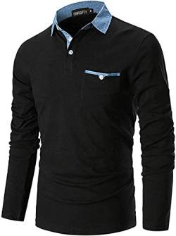 GNRSPTY Poloshirt Herren Langarmshirt Basic Polohemd Denim Nähen Casual Baumwolle Golf Tennis T-Shirt,Schwarz,L von GNRSPTY