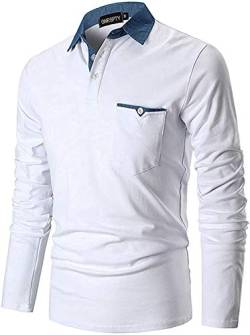 GNRSPTY Poloshirt Herren Langarmshirt Basic Polohemd Denim Nähen Casual Baumwolle Golf Tennis T-Shirt,Weiß,XXL von GNRSPTY