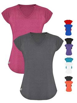 GO HEAVY Damen 2er-Pack Fitness Funktions Sport T-Shirt Laufshirt Kurzarm Schnelltrocknend | Grau/Rosa XXL von GO HEAVY