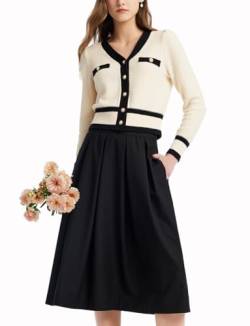 GOELIA Klassisches Business-Outfit für Damen, langärmelig, V-Ausschnitt, Strickjacke, Pullover und schwarzer Rock, 2-teiliges Set, Schwarz, Large von GOELIA