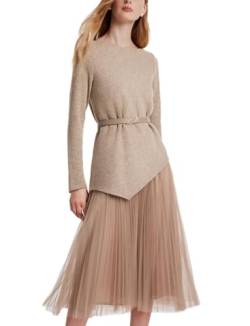 GOELIA Trendiges Damen-Outfit 2023, langärmeliges Pullover-Top und Tüllrock-Set mit Gürtel, Beige, Medium von GOELIA