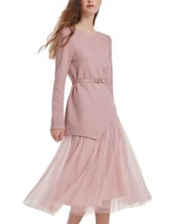 GOELIA Trendiges Damen-Outfit 2023, langärmeliges Pullover-Top und Tüllrock-Set mit Gürtel, Pink, Medium von GOELIA