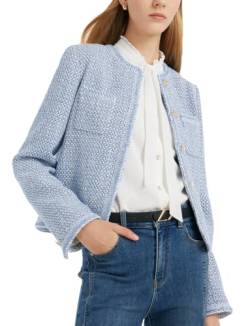 GOELIA Tweed-Blazer-Jacken für Damen, Rundhalsausschnitt, langärmelig, blauer Blazer für Damen mit zwei Taschen, Blau, S von GOELIA