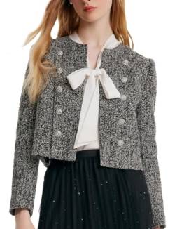 GOELIA Tweed Cropped Blazer Jacke für Frauen 2023 Open Front Langarm Slim Fit Business Casual Glitter Blazer, Schwarz, L von GOELIA