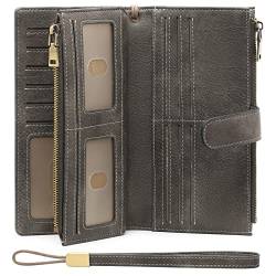 GOIACII Damen-Geldbörse RFID-blockierend, doppelte Reißverschlusstasche, Kreditkartenhalter, Leder, dreifach gefaltet, große Kapazität, Damen-Clutch-Armband, grau dunkel, Vintage von GOIACII