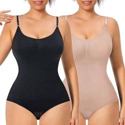 GOLD CARP Shapewear Damen Bauchweg Bodysuit Figurenformend Formende Bodys Nahtlos Body Shaper Verstellbarer Schultergurt Tummy Control Unterwäsche Taillenformer Jumpsuit Schwarz+Beige 2XL von GOLD CARP