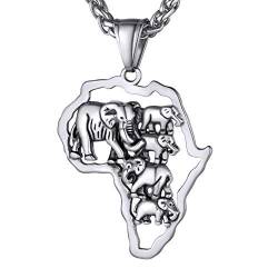 GOLDCHIC JEWELRY Edelstahl Elephant Aushöhlen Afrika Karten Anhänger in 3D Profil Afrika Karte Anhänger mit fünf 3D-Elefanten 56cm+5cm Verlängerungskette in Silber für Familie Amulet von GOLDCHIC JEWELRY