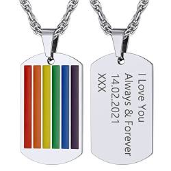 GOLDCHIC JEWELRY Herren LGBT Dog Tag Anhänger mit Halskette Regenbogen Charms Kette mit Personalisierte Gravur Rainbow Halskette Silberfarbe Erkennungsmarke Anhänger mit 55cm + 5cm Verlängerungskette von GOLDCHIC JEWELRY